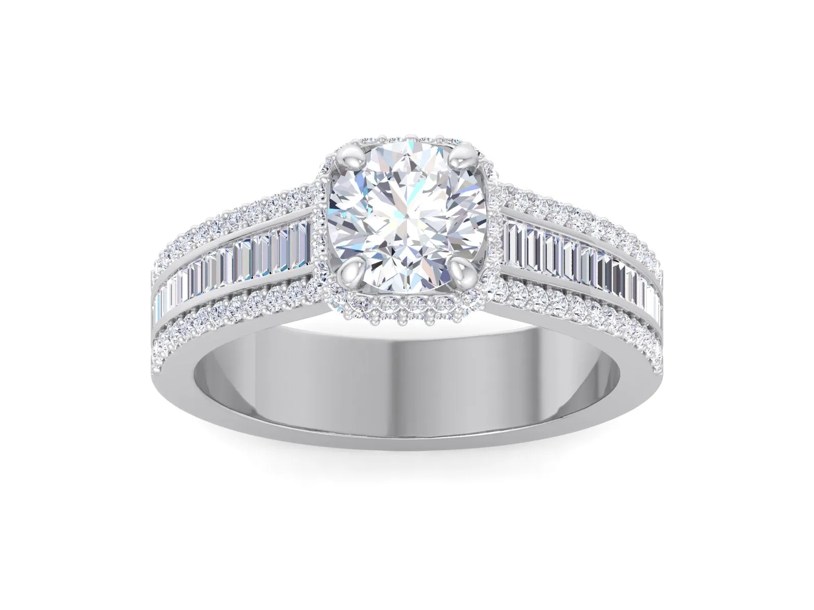1.00Ct Round Moissanite diamond engagement ring, Round And Baguette Cut Moissanite Engagement Ring