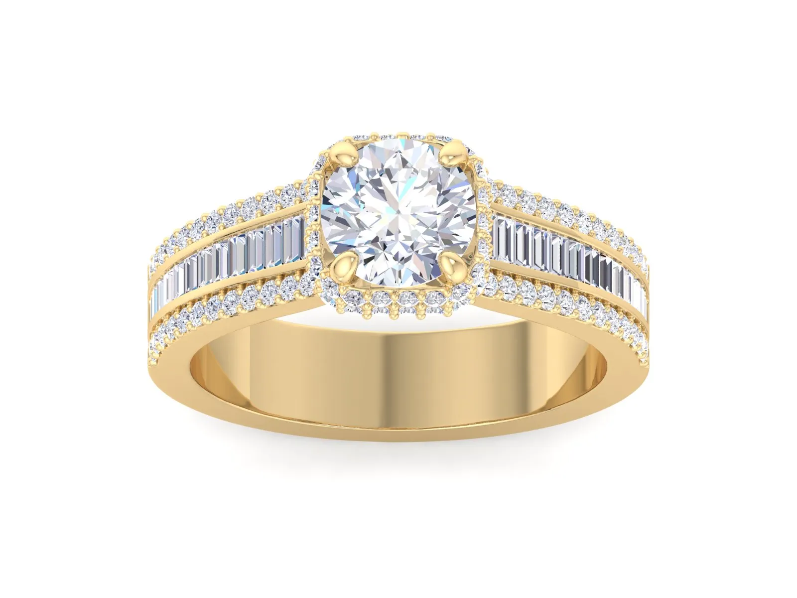 1.00Ct Round Moissanite diamond engagement ring, Round And Baguette Cut Moissanite Engagement Ring