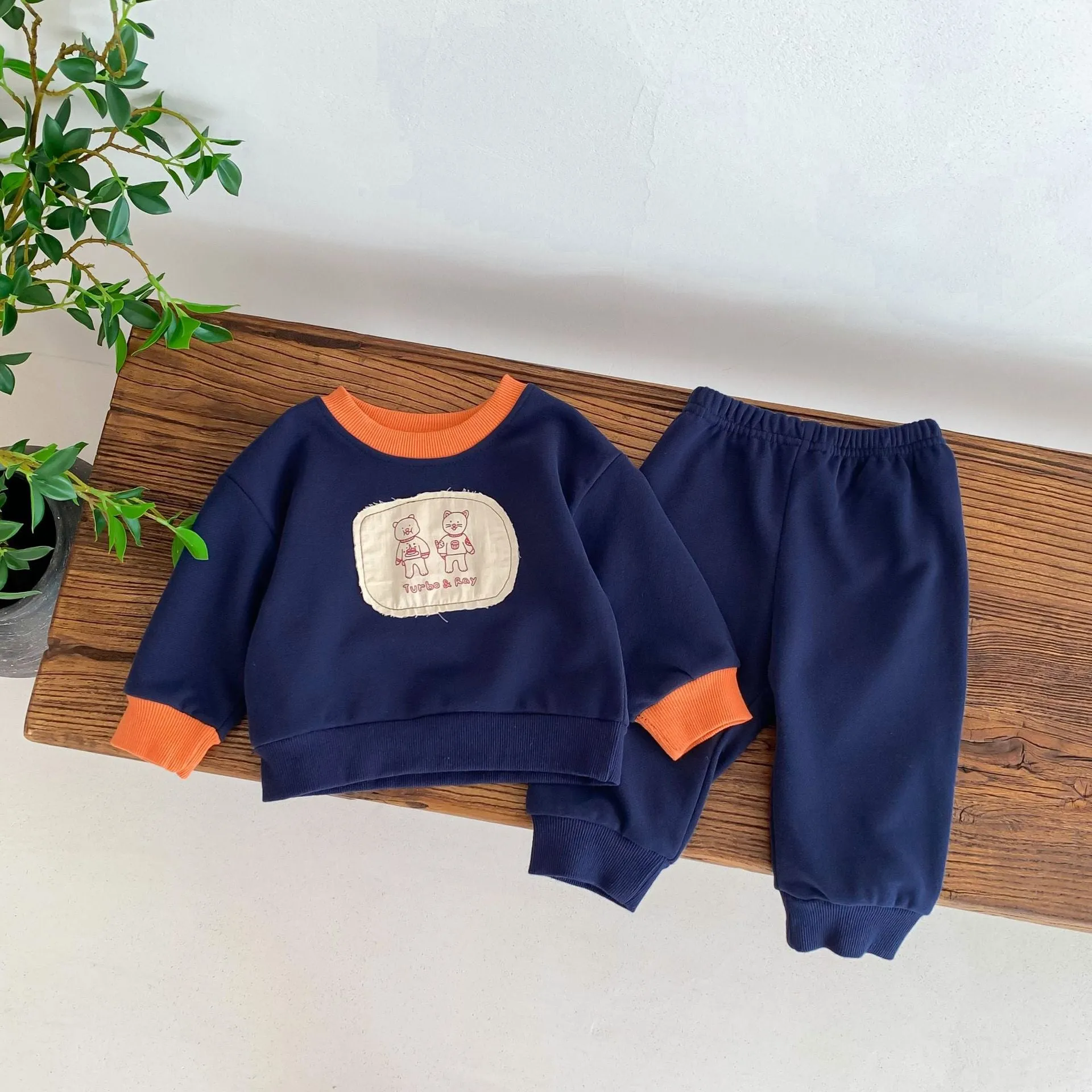 2 Pieces Set Baby Kid Girls Boys Color-blocking Cartoon Tops And Solid Color Pants Wholesale 23101919