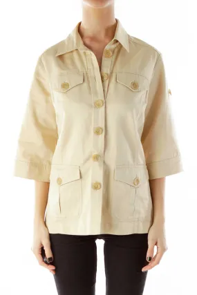 Beige Buttoned Pocketed Mid-Sleeve Fitted Jacket