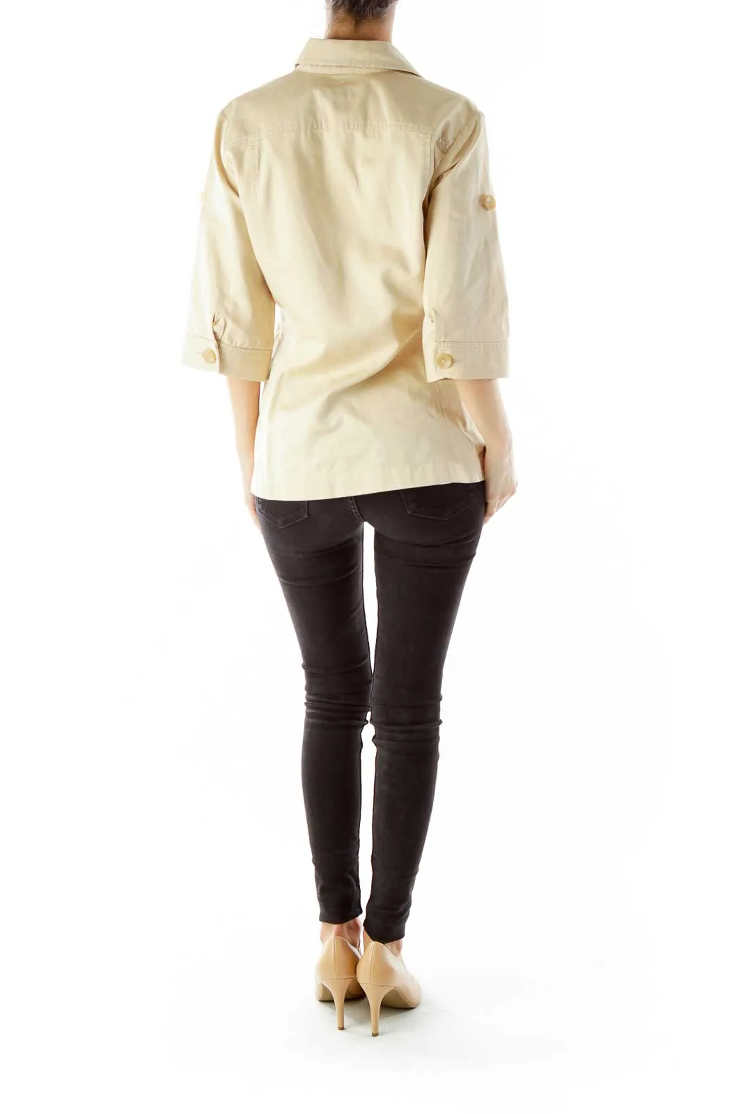 Beige Buttoned Pocketed Mid-Sleeve Fitted Jacket
