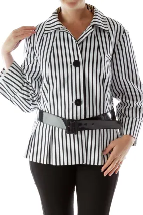 Black White Striped Belted Jacket