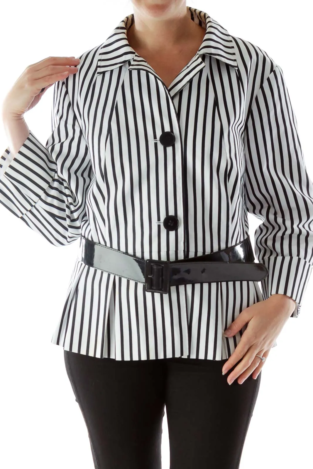 Black White Striped Belted Jacket