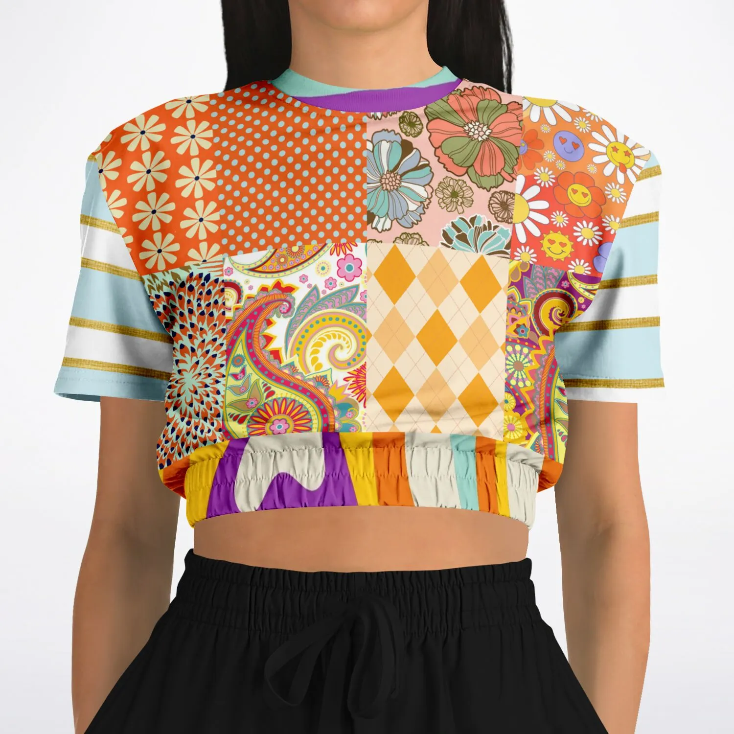 Happy Valley Retro Floral Patchwork Short Sleeve Cropped Eco-Poly Sweater