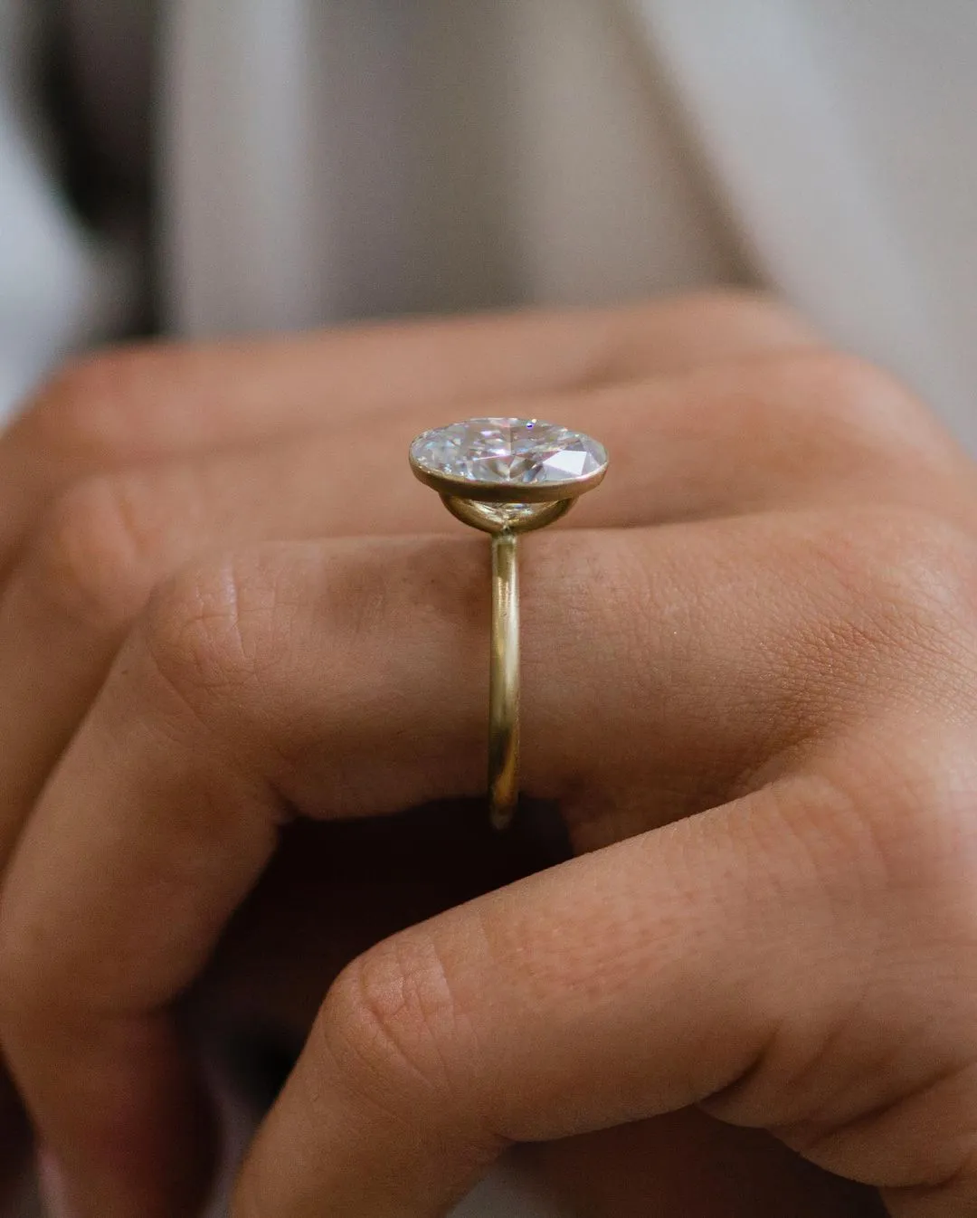 Oval Cut Moissanite Solitaire Engagement Ring, Oval Bezel Solitaire Wedding Ring