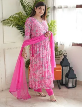 Pink Floral Angrakha Alia Cut Chinon Anarkali Suit Set