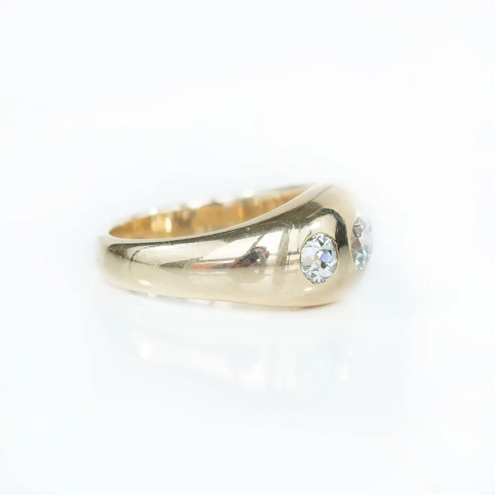 Three Stone Antique Gypsy Set Old European Cut Diamond Ring in 14k Yellow Gold