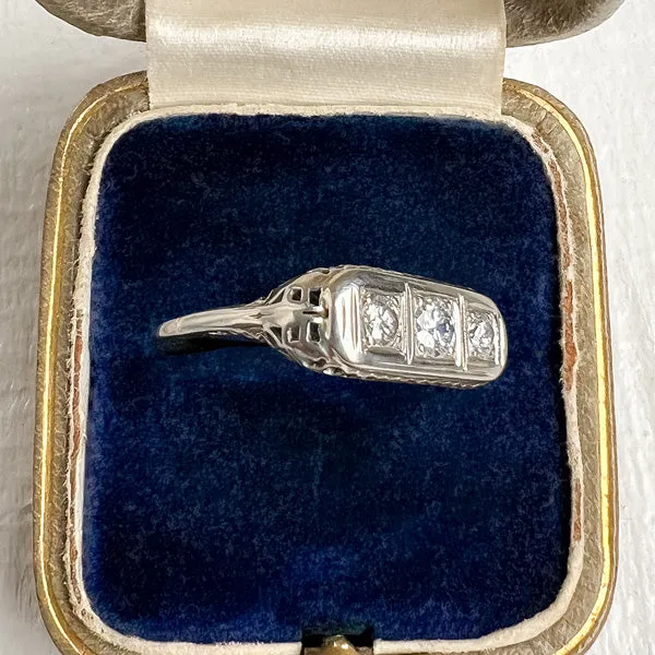 Vintage Filigree Diamond Three Stone Engagement Ring, TRB 0.15ct.