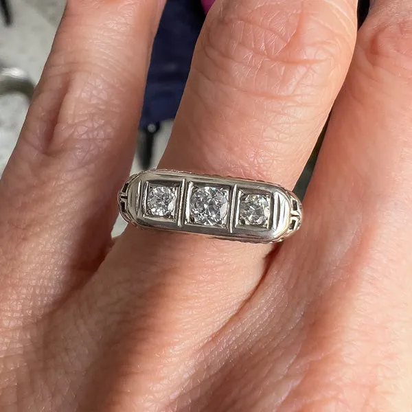 Vintage Filigree Diamond Three Stone Engagement Ring, TRB 0.15ct.